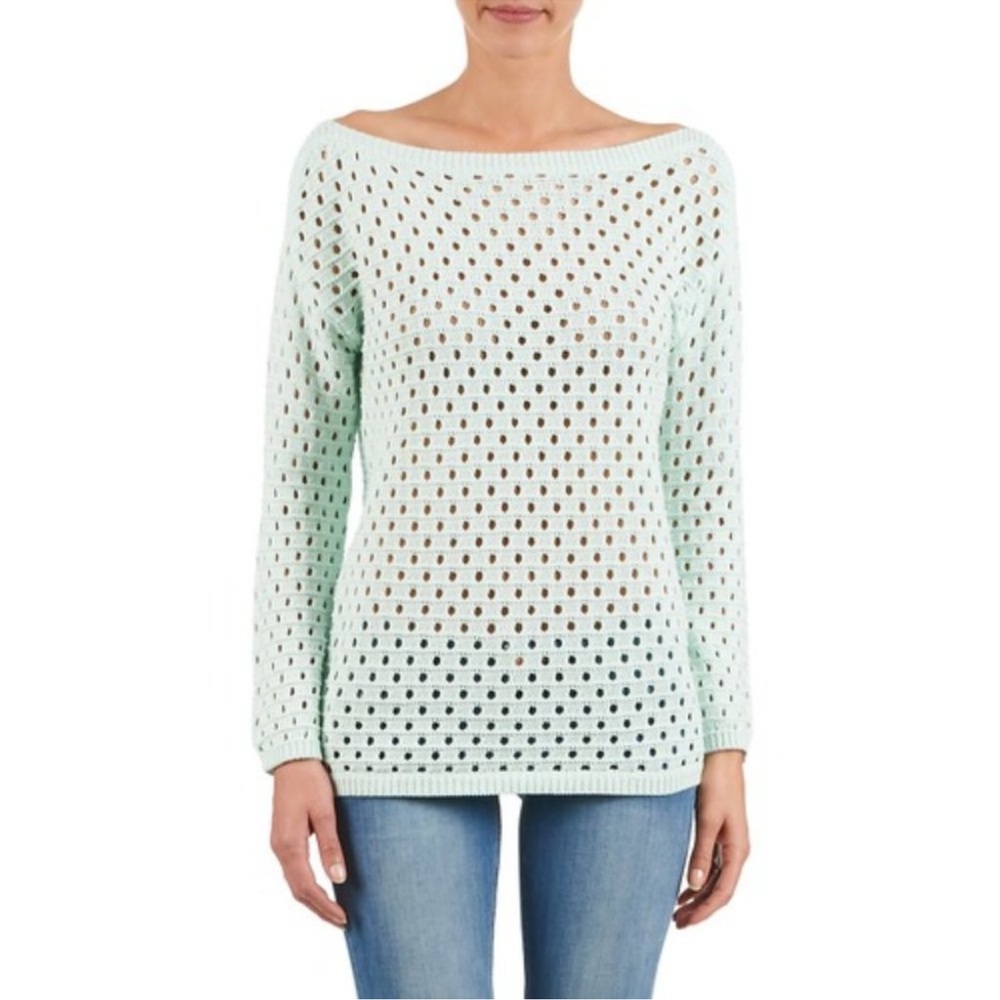 BCBGeneration Mink Sweater Mint Green Boatneck Tunic Top XS/S Open Knit NWOT